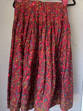 Vintage Red Floral Midi Skirt - Women's Boho Pleated Skirt